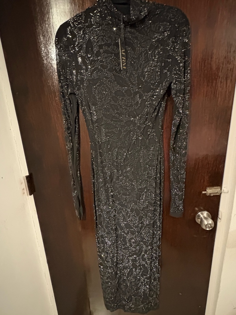 NWT AFRM Black Long-Sleeve Sequin Bodycon Maxi Dress with slip dress. Size S.